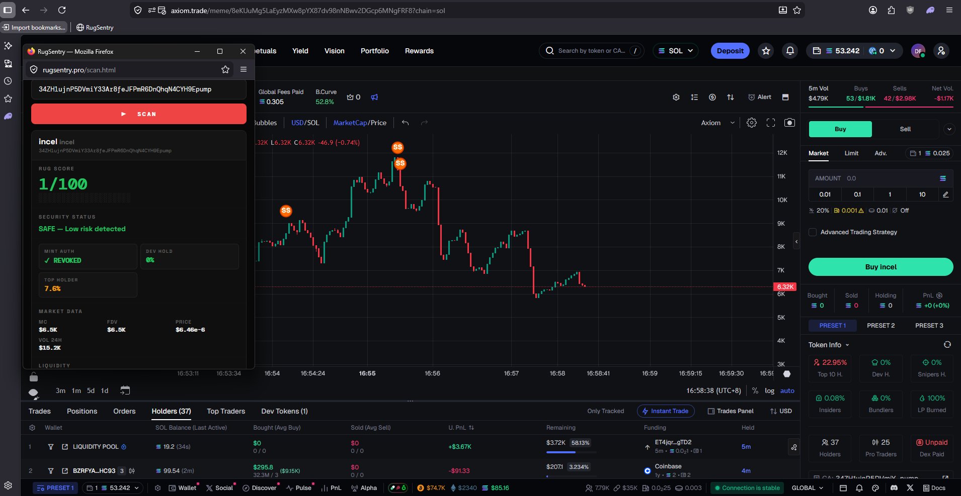 RugSentry popup — live on axiom.trade showing token safety data